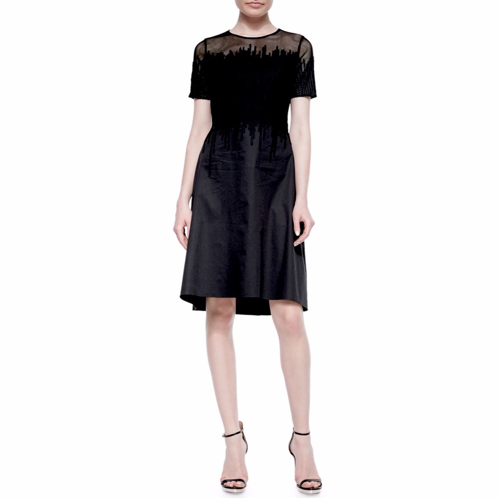 Elie Tahari "Ophelia"‎ Canvas Dress w Mesh Top and Pieced Strips Navy 10